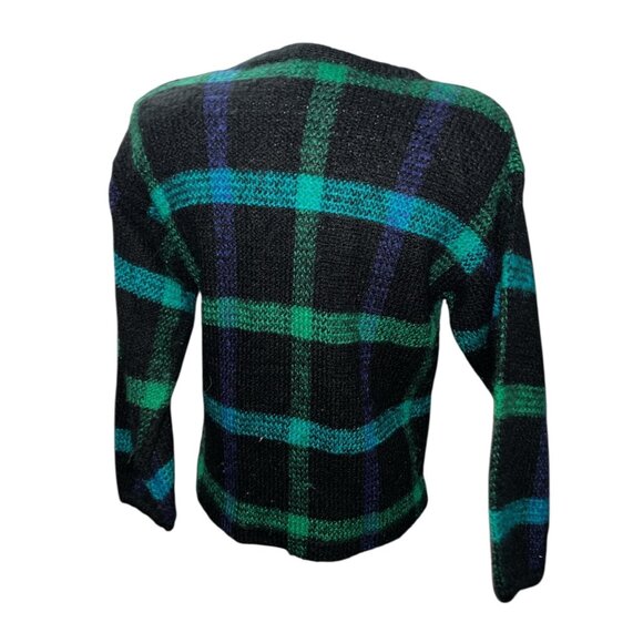 Vintage TJW By Mervyns Black & Green Plaid Knit Cardigan Sweater Size Large Pock - Picture 2 of 16
